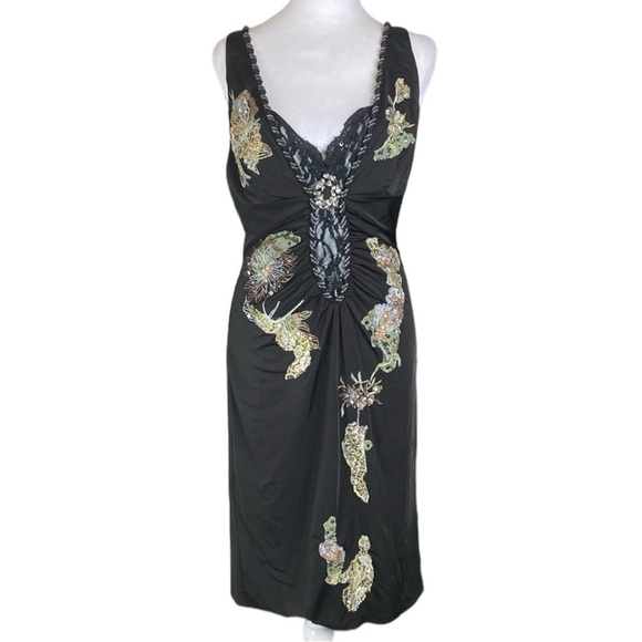 Caribbean Queen Black Beaded Spaghetti Straps Cocktail Bodycon Mini Dress M - Picture 1 of 8